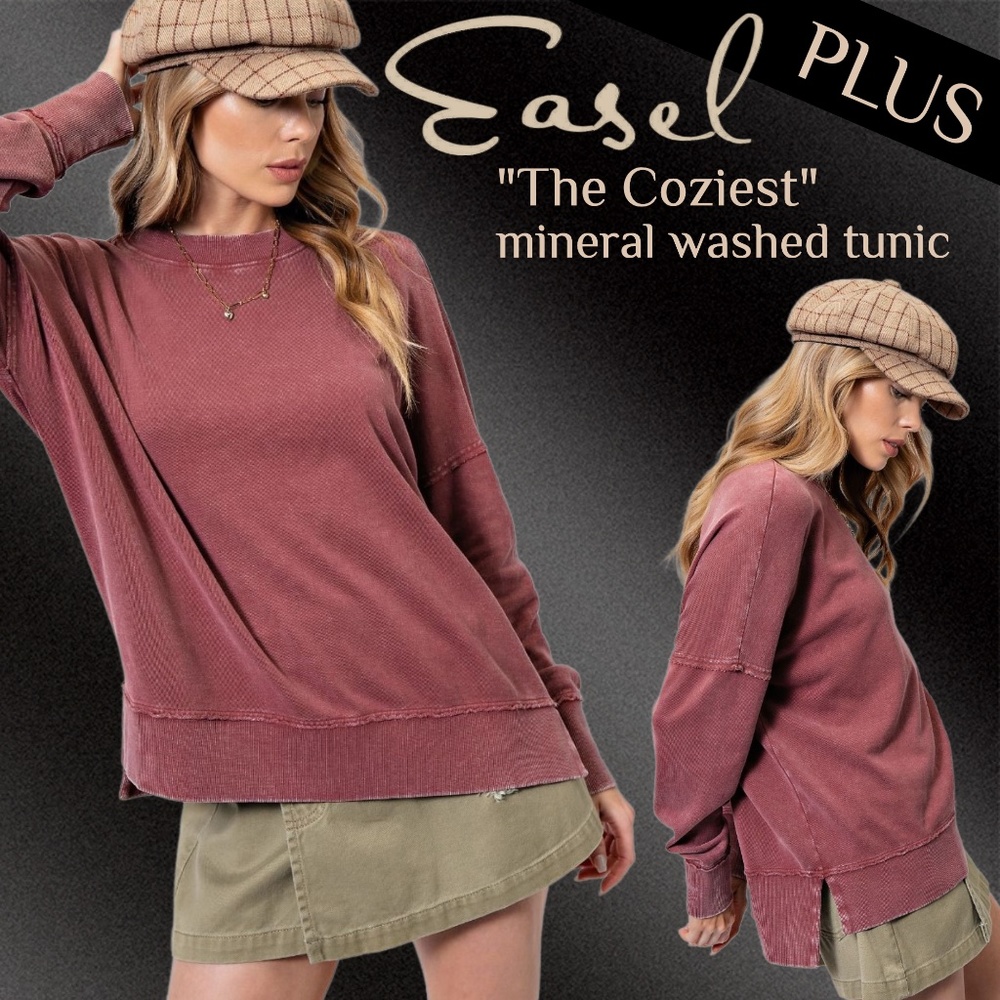 EASEL "The Coziest" Plus Size Mineral Washed Tunic Top Side Slits Oversized Boxy